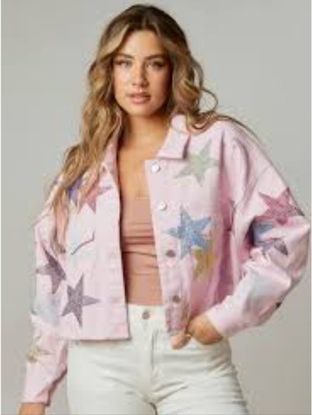 Peach Love PINK Rhinestone Star Jean jacket Small - Picture 2 of 10